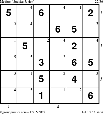 The grouppuzzles.com Medium Sudoku-Junior puzzle for Monday December 15, 2025, suitable for printing, with all 5 steps marked