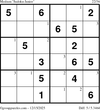 The grouppuzzles.com Medium Sudoku-Junior puzzle for Monday December 15, 2025 with the first 3 steps marked