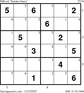 The grouppuzzles.com Difficult Sudoku-Junior puzzle for Monday December 15, 2025, suitable for printing, with all 6 steps marked