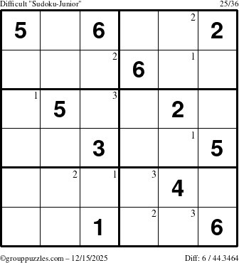 The grouppuzzles.com Difficult Sudoku-Junior puzzle for Monday December 15, 2025 with the first 3 steps marked