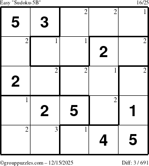 The grouppuzzles.com Easy Sudoku-5B puzzle for Monday December 15, 2025 with the first 3 steps marked