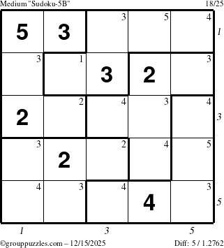 The grouppuzzles.com Medium Sudoku-5B puzzle for Monday December 15, 2025 with all 5 steps marked