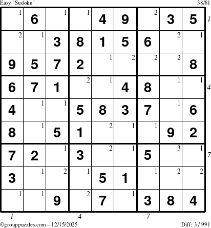 The grouppuzzles.com Easy Sudoku puzzle for Monday December 15, 2025 with all 3 steps marked