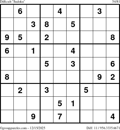 The grouppuzzles.com Difficult Sudoku puzzle for Monday December 15, 2025