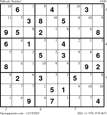 The grouppuzzles.com Difficult Sudoku puzzle for Monday December 15, 2025, suitable for printing, with all 11 steps marked