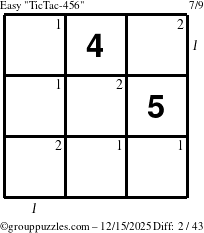 The grouppuzzles.com Easy TicTac-456 puzzle for Monday December 15, 2025, suitable for printing, with all 2 steps marked