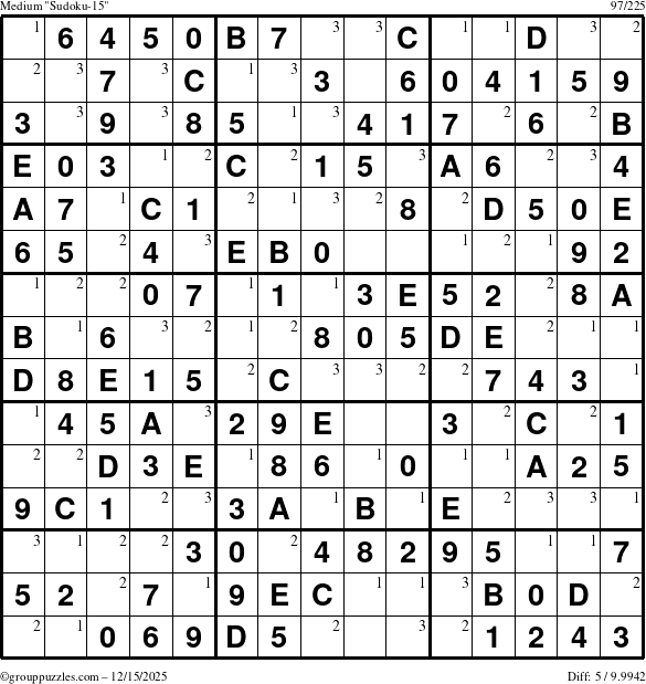 The grouppuzzles.com Medium Sudoku-15 puzzle for Monday December 15, 2025 with the first 3 steps marked