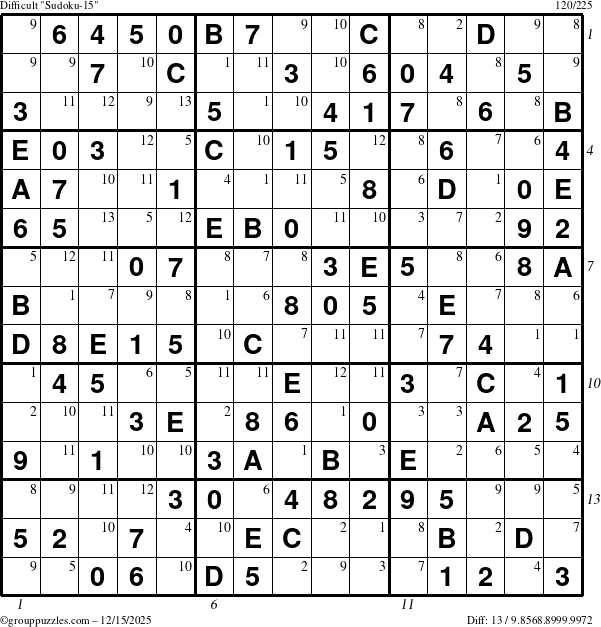 The grouppuzzles.com Difficult Sudoku-15 puzzle for Monday December 15, 2025, suitable for printing, with all 13 steps marked