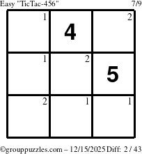 The grouppuzzles.com Easy TicTac-456 puzzle for Monday December 15, 2025 with the first 2 steps marked