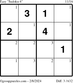 The grouppuzzles.com Easy Sudoku-4 puzzle for Thursday February 8, 2024 with the first 3 steps marked