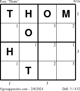 The grouppuzzles.com Easy Thom puzzle for Thursday February 8, 2024 with all 3 steps marked