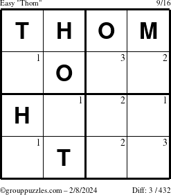 The grouppuzzles.com Easy Thom puzzle for Thursday February 8, 2024 with the first 3 steps marked