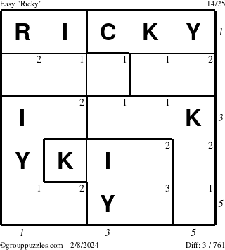 The grouppuzzles.com Easy Ricky puzzle for Thursday February 8, 2024 with all 3 steps marked