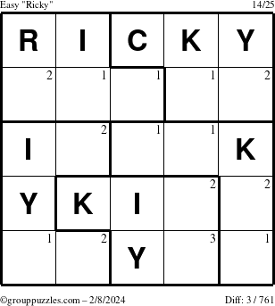 The grouppuzzles.com Easy Ricky puzzle for Thursday February 8, 2024 with the first 3 steps marked