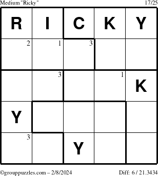 The grouppuzzles.com Medium Ricky puzzle for Thursday February 8, 2024 with the first 3 steps marked