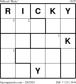 The grouppuzzles.com Difficult Ricky puzzle for Thursday February 8, 2024 with the first 3 steps marked