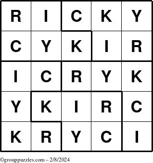 The grouppuzzles.com Answer grid for the Ricky puzzle for Thursday February 8, 2024