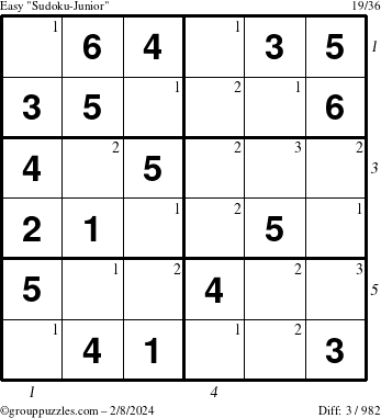 The grouppuzzles.com Easy Sudoku-Junior puzzle for Thursday February 8, 2024 with all 3 steps marked