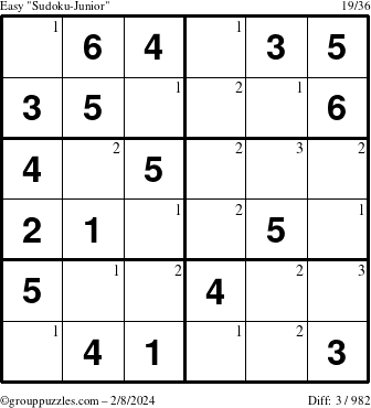 The grouppuzzles.com Easy Sudoku-Junior puzzle for Thursday February 8, 2024 with the first 3 steps marked