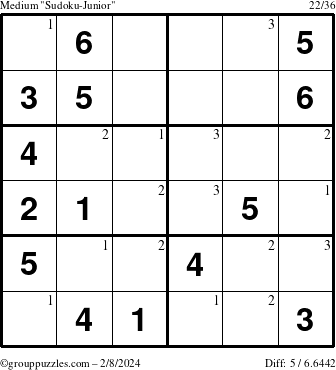 The grouppuzzles.com Medium Sudoku-Junior puzzle for Thursday February 8, 2024 with the first 3 steps marked