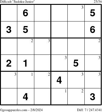 The grouppuzzles.com Difficult Sudoku-Junior puzzle for Thursday February 8, 2024 with the first 3 steps marked