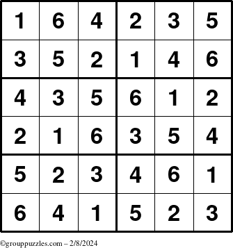 The grouppuzzles.com Answer grid for the Sudoku-Junior puzzle for Thursday February 8, 2024