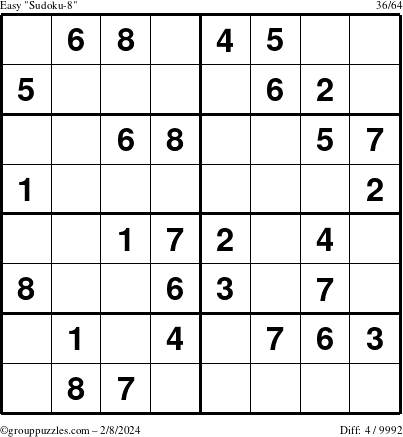 The grouppuzzles.com Easy Sudoku-8 puzzle for Thursday February 8, 2024