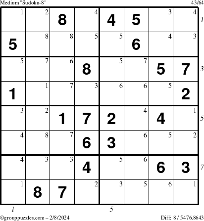 The grouppuzzles.com Medium Sudoku-8 puzzle for Thursday February 8, 2024 with all 8 steps marked