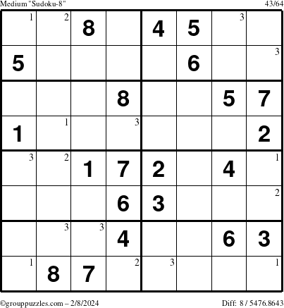 The grouppuzzles.com Medium Sudoku-8 puzzle for Thursday February 8, 2024 with the first 3 steps marked