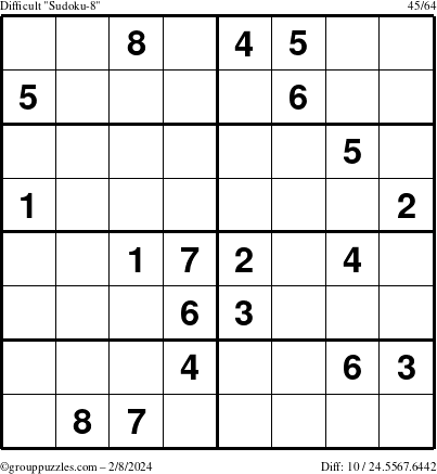 The grouppuzzles.com Difficult Sudoku-8 puzzle for Thursday February 8, 2024