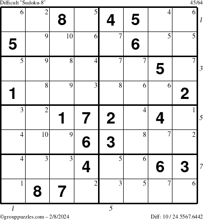The grouppuzzles.com Difficult Sudoku-8 puzzle for Thursday February 8, 2024 with all 10 steps marked