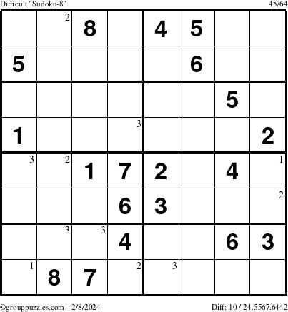 The grouppuzzles.com Difficult Sudoku-8 puzzle for Thursday February 8, 2024 with the first 3 steps marked