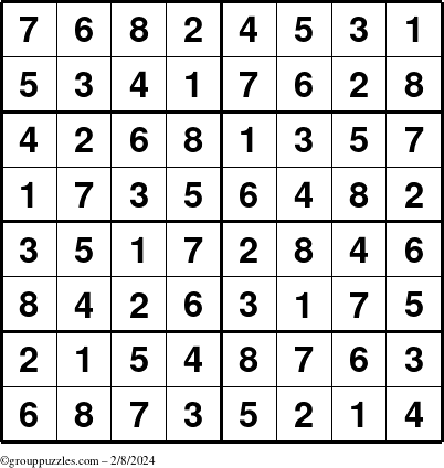 The grouppuzzles.com Answer grid for the Sudoku-8 puzzle for Thursday February 8, 2024