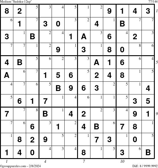 The grouppuzzles.com Medium Sudoku-12up puzzle for Thursday February 8, 2024 with all 8 steps marked