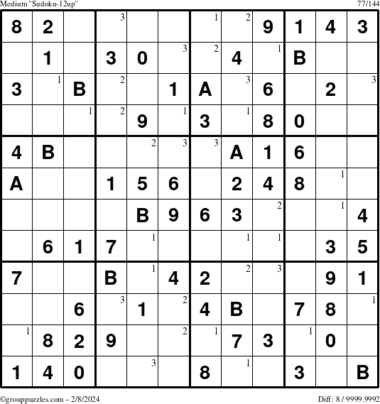 The grouppuzzles.com Medium Sudoku-12up puzzle for Thursday February 8, 2024 with the first 3 steps marked