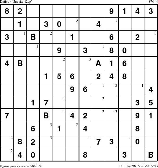 The grouppuzzles.com Difficult Sudoku-12up puzzle for Thursday February 8, 2024 with the first 3 steps marked