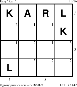 The grouppuzzles.com Easy Karl puzzle for Wednesday June 18, 2025, suitable for printing, with all 3 steps marked