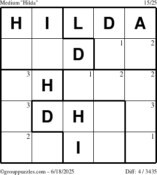 The grouppuzzles.com Medium Hilda puzzle for Wednesday June 18, 2025 with the first 3 steps marked