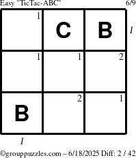 The grouppuzzles.com Easy TicTac-ABC puzzle for Wednesday June 18, 2025, suitable for printing, with all 2 steps marked