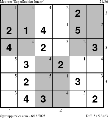 The grouppuzzles.com Medium SuperSudoku-Junior puzzle for Wednesday June 18, 2025, suitable for printing, with all 5 steps marked