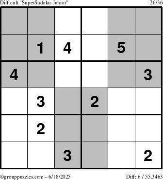 The grouppuzzles.com Difficult SuperSudoku-Junior puzzle for Wednesday June 18, 2025