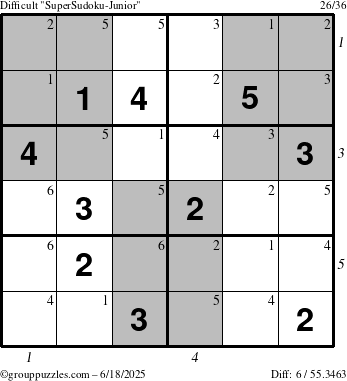 The grouppuzzles.com Difficult SuperSudoku-Junior puzzle for Wednesday June 18, 2025 with all 6 steps marked