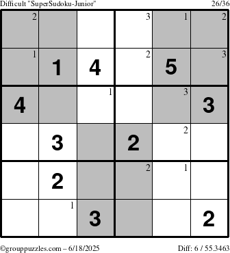 The grouppuzzles.com Difficult SuperSudoku-Junior puzzle for Wednesday June 18, 2025 with the first 3 steps marked
