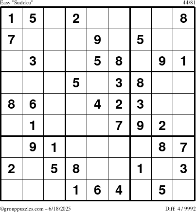 The grouppuzzles.com Easy Sudoku puzzle for Wednesday June 18, 2025