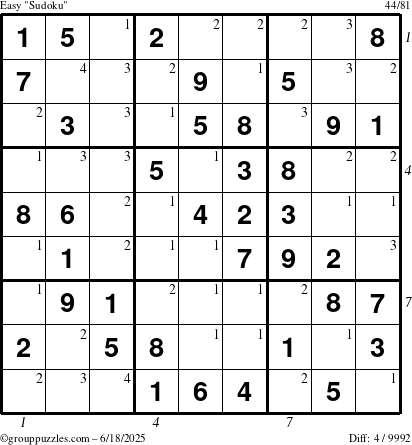 The grouppuzzles.com Easy Sudoku puzzle for Wednesday June 18, 2025 with all 4 steps marked
