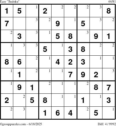 The grouppuzzles.com Easy Sudoku puzzle for Wednesday June 18, 2025 with the first 3 steps marked