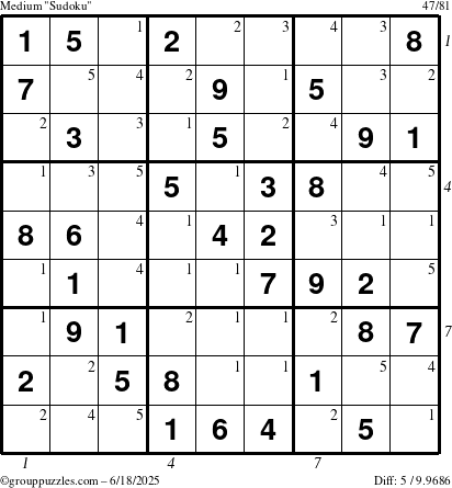 The grouppuzzles.com Medium Sudoku puzzle for Wednesday June 18, 2025 with all 5 steps marked