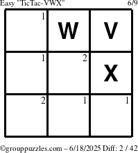 The grouppuzzles.com Easy TicTac-VWX puzzle for Wednesday June 18, 2025 with the first 2 steps marked