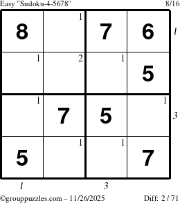 The grouppuzzles.com Easy Sudoku-4-5678 puzzle for Wednesday November 26, 2025, suitable for printing, with all 2 steps marked