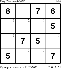 The grouppuzzles.com Easy Sudoku-4-5678 puzzle for Wednesday November 26, 2025 with the first 2 steps marked